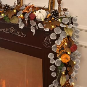 6 Ft Fall Garland with Lights – Autumn Leaves & Pumpkins Thanksgiving Table Mantle Porch Decor