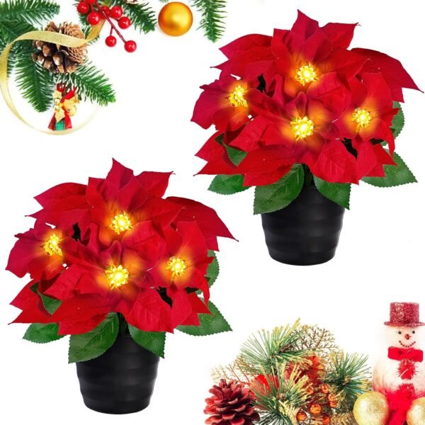 2-Pack Red Velvet Poinsettias – 12" LED Lighted Faux Silk Plants in Pots for Christmas Decor, Indoor & Outdoor