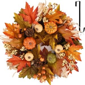 20" Fall Wreath with Pumpkins & Maple Leaves – Autumn Door & Wall Decor