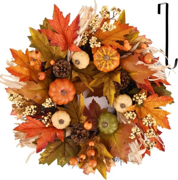 20" Fall Wreath with Pumpkins & Maple Leaves – Autumn Door & Wall Decor