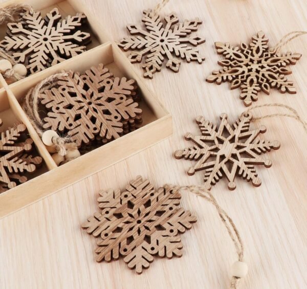 20-Pc Unfinished Wood Snowflake Ornaments – 4 Styles with Twine for Christmas Tree Decor (2.75"-3.15")