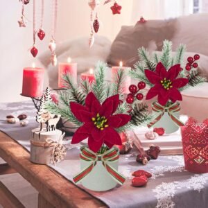 2-Pack Mini Artificial Christmas Trees with Poinsettias, Pine Cones & Berries – Small Potted Holiday Tabletop Decor & Centerpieces