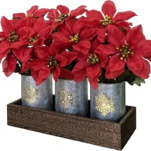 LED Poinsettia Artificial Christmas Flowers – Red Table Centerpiece in Pot & Wood Box for Holiday Decor