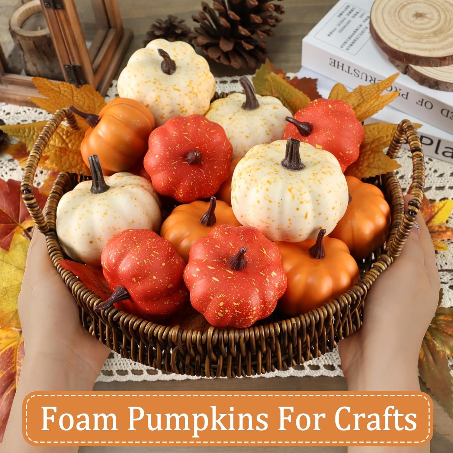 16PCS Mini Artificial Pumpkins with Fall Leaves – White Foam DIY Decor for Thanksgiving & Halloween - Image 2