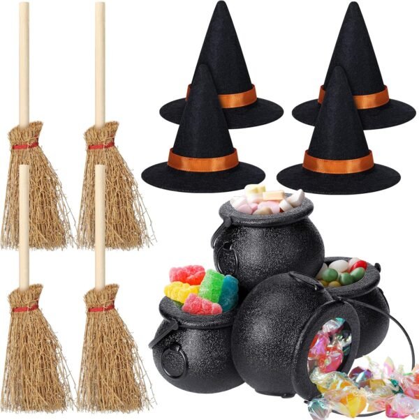 12 Pcs Mini Halloween Witch Accessories – Hats, Cauldrons & Brooms for Spooky Decor & Crafts