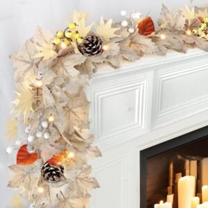 6ft Prelit Maple Leaf Garland with Berries & Pinecones – LED Fall Thanksgiving & Halloween Decor