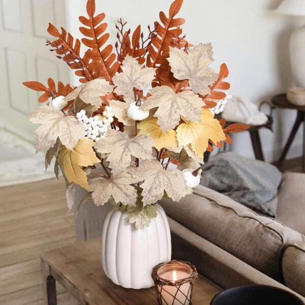 Ceramic Pumpkin Vase with 15pcs Fall Stems – Thanksgiving Table Centerpiece Harvest Decor