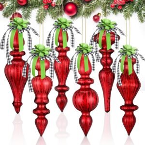 6 Pcs 6.3" Red Mercury Glass Finial Ornaments, Vintage Christmas Tree & Holiday Décor