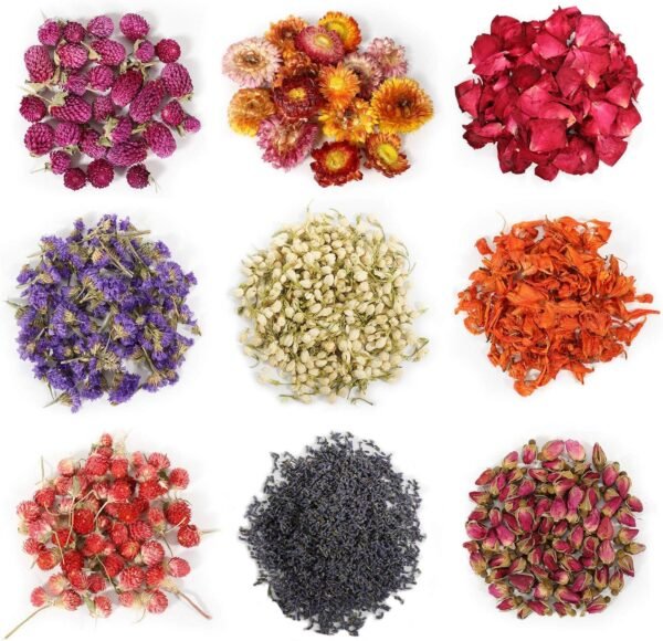 9 Bags Natural Dried Flowers – Herbal Kit with Rose, Lavender, Jasmine for Candle Making, Soap & Bath Bombs