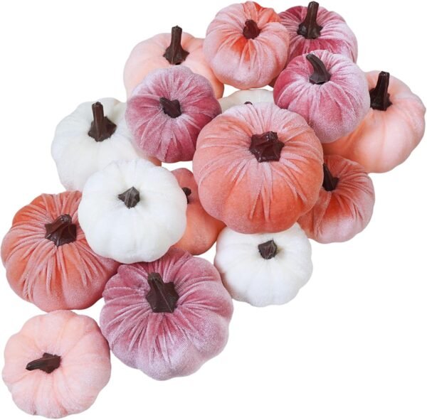 16 Pcs Velvet Pumpkins – Blush, Coral, Pink & Cream Decor for Fall, Weddings, Baby Showers & Thanksgiving