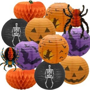 12 Pcs 12" Halloween Jack-O’-Lantern Paper Lanterns – Pumpkin, Spider & Skeleton Hanging Decor