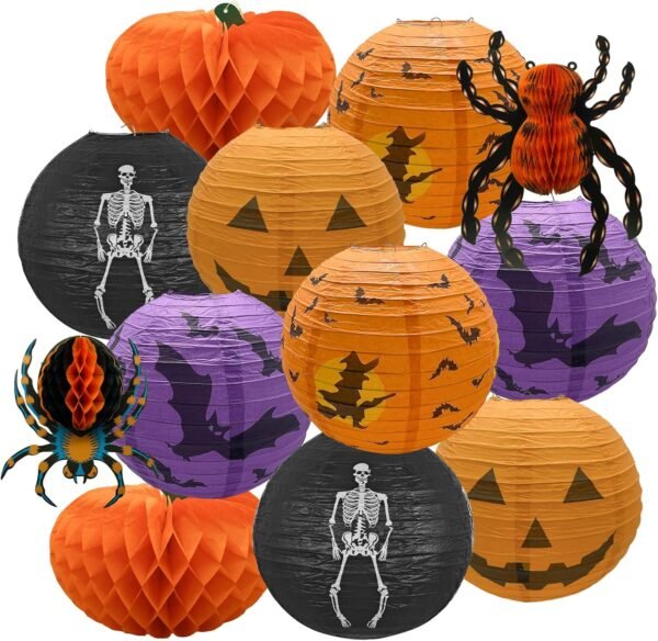 12 Pcs 12" Halloween Jack-O’-Lantern Paper Lanterns – Pumpkin, Spider & Skeleton Hanging Decor