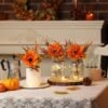 Fall Mason Jar Centerpiece with LED Lights – Set of 3 Farmhouse Painted Jars with Artificial Flowers for Thanksgiving Table & Home Decor - Image 3