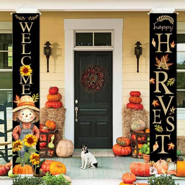 Fall Porch Banner – Scarecrow & Pumpkin Sign for Thanksgiving Decor