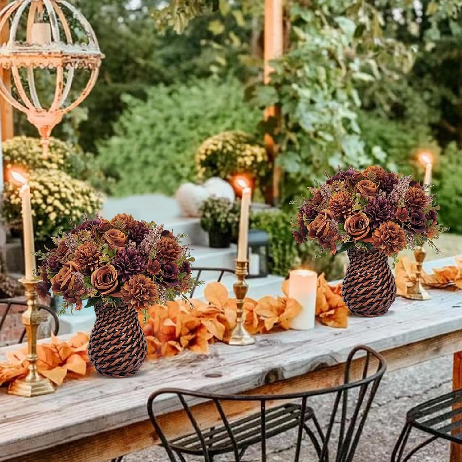 Fall Vase with Artificial Flower – 12.5" Silk Orange Roses for Home Table, Desktop, Fireplace Decor - Image 2