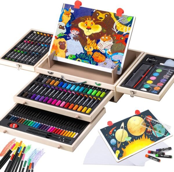 Deluxe Kids Art Set with Easel – Portable Wooden Case with Pastels, Colored Pencils, Watercolors & Sketch Paper