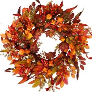 24" Fall Wreath with Berries & Mixed Leaves – Autumn Eucalyptus Decor for Front Door, Wall & Holiday Display