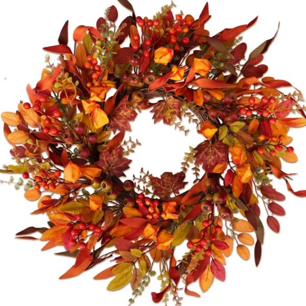 24" Fall Wreath with Berries & Mixed Leaves – Autumn Eucalyptus Decor for Front Door, Wall & Holiday Display
