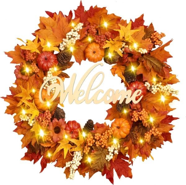 20'' Lighted Fall Wreath with Welcome Sign – Autumn Front Door Decor for Thanksgiving & Porch Display