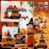 4 Pcs Halloween Table Decor – Pumpkin Hat & Skeleton Castle Wooden Signs for Tiered Trays & Tabletop Displays - Image 2