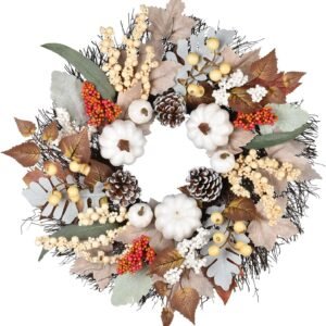20" White Pumpkin Harvest Wreath – Fall Maple Leaf Front Door Decor