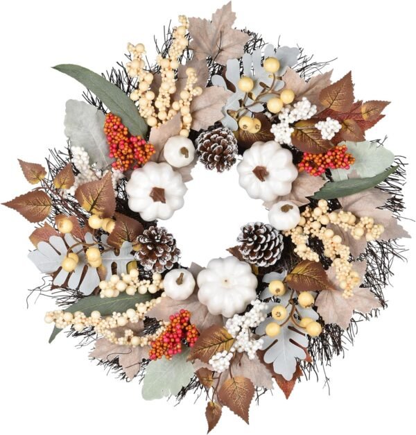 20" White Pumpkin Harvest Wreath – Fall Maple Leaf Front Door Decor