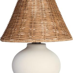 11" Small Table Lamp – Ceramic Base with Rattan Shade, Dimmable Boho Japandi Light for Bedroom & Small Spaces