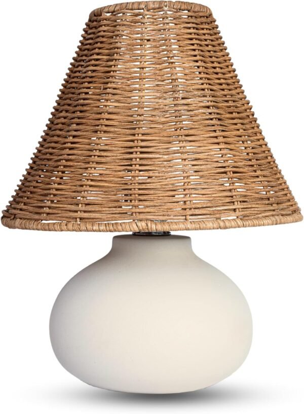11" Small Table Lamp – Ceramic Base with Rattan Shade, Dimmable Boho Japandi Light for Bedroom & Small Spaces