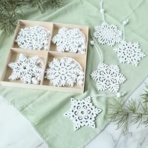 16-Pack White Wooden Snowflake Ornaments, 3" – Winter Christmas Tree & Garland Decorations, 8 Styles