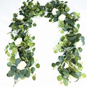 5.9FT Artificial Eucalyptus & Rose Garland – Faux Floral Greenery for Table, Mantle, Wedding & Home Decor