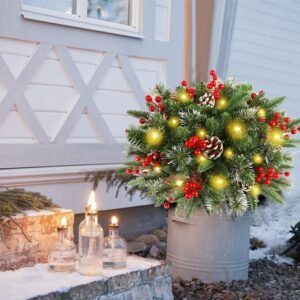 2-Pack Pre-Lit Christmas Tree Urn Fillers – Battery-Powered Artificial Pine Trees with Tripod, 8 Light Modes & Timer for Outdoor Holiday Decor