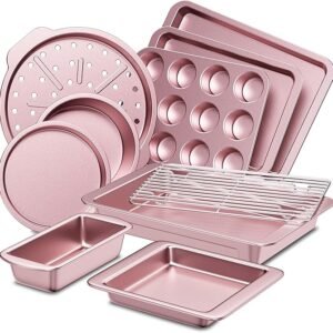 10-Piece Pink Nonstick Bakeware Set – Includes Cake, Muffin, Loaf, Pizza Pans & Cooling Rack