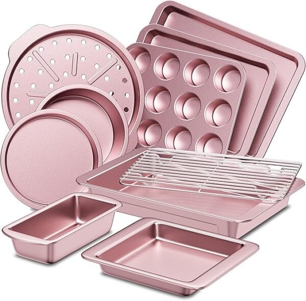 10-Piece Pink Nonstick Bakeware Set – Includes Cake, Muffin, Loaf, Pizza Pans & Cooling Rack