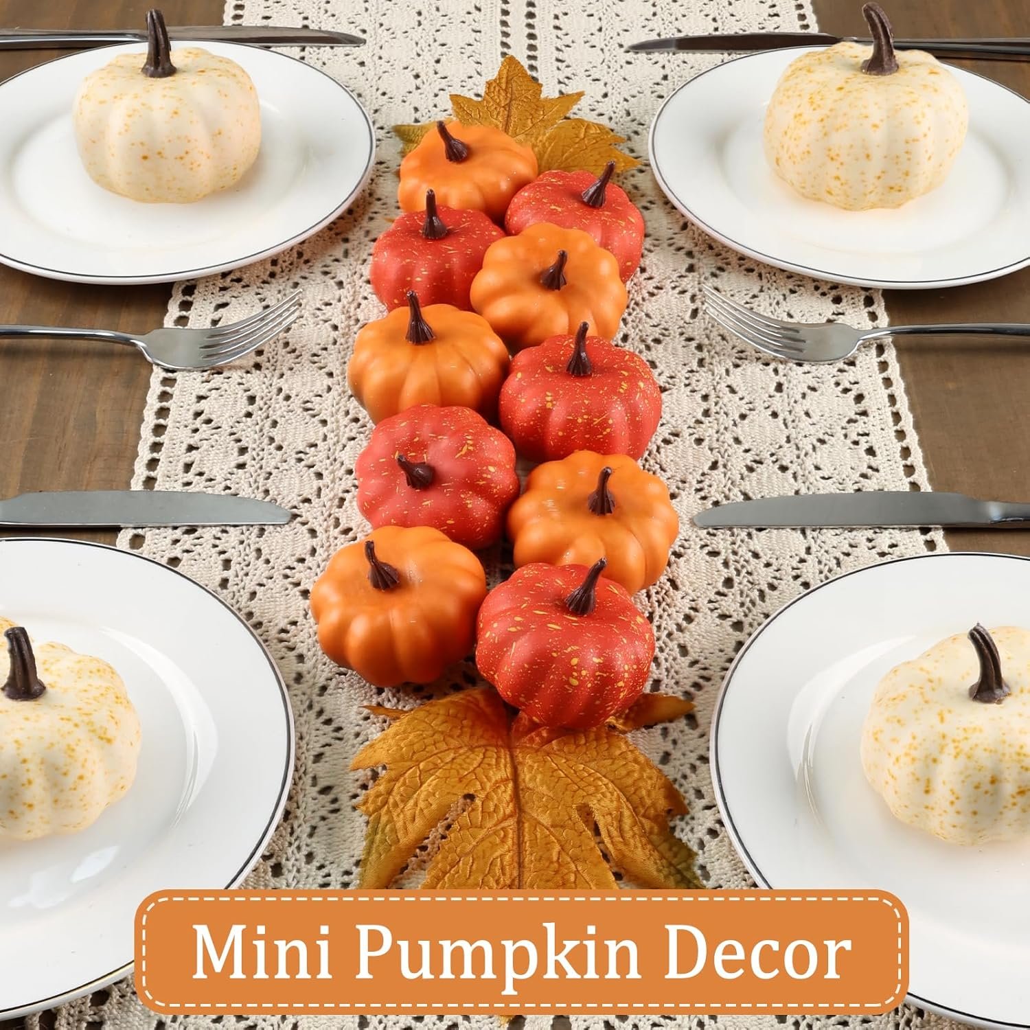 16PCS Mini Artificial Pumpkins with Fall Leaves – White Foam DIY Decor for Thanksgiving & Halloween - Image 4