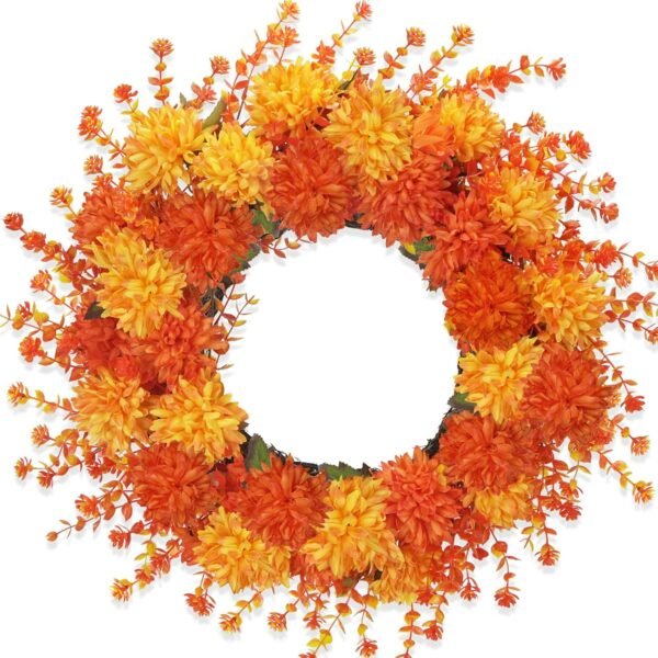 20" Fall Wreath with Mums & Eucalyptus – Autumn Front Door Thanksgiving Decor