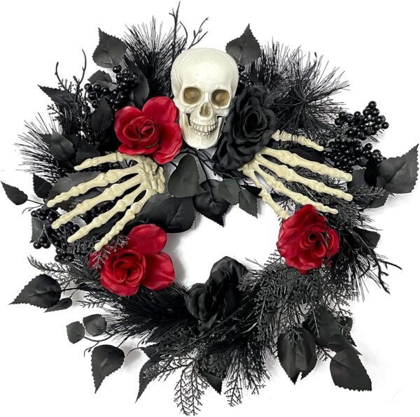 16" Halloween Skull Wreath with Hands – Gothic Red & Black Rose Decor for Front Door or Window