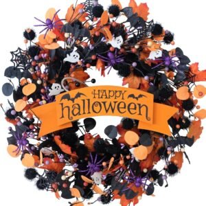 22" Halloween Wreath – Orange & Black Boxwood with Ghost, Spider & Happy Halloween Sign for Door or Home Decor