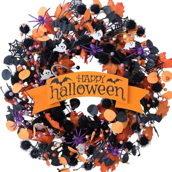 22" Halloween Wreath – Orange & Black Boxwood with Ghost, Spider & Happy Halloween Sign for Door or Home Decor