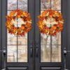 20'' Lighted Fall Wreath with Welcome Sign – Autumn Front Door Decor for Thanksgiving & Porch Display - Image 2