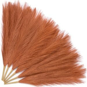 6 Pcs 17.7" Orange Pampas Grass – Faux Burnt Orange Fall Boho Decor for Table Centerpieces, Fall, Holidays, and Home Floral Arrangements