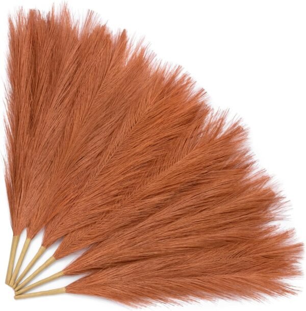 6 Pcs 17.7" Orange Pampas Grass – Faux Burnt Orange Fall Boho Decor for Table Centerpieces, Fall, Holidays, and Home Floral Arrangements