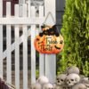 11.4" Trick or Treat Wooden Sign – Black Cat on Pumpkin Wall Decor for Halloween Home, Party & Haunted House - Image 3