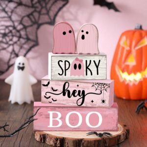 4 Pcs Pink Halloween Ghost Decor – Rustic Tiered Tray & Tabletop Centerpieces for Home & Office