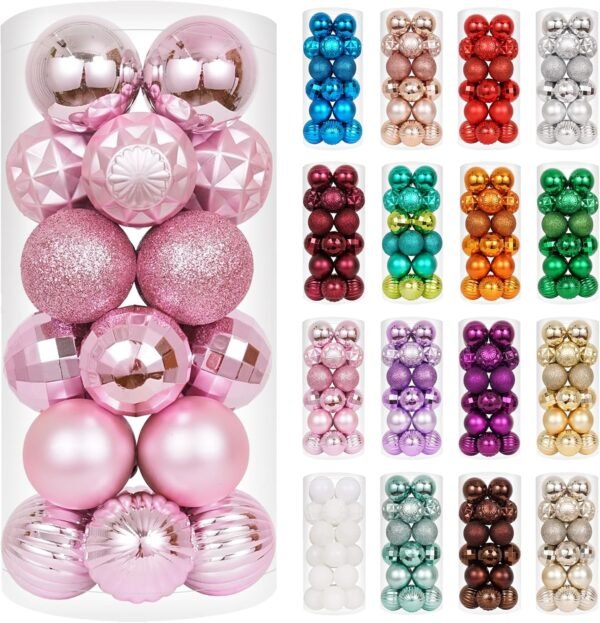 24ct Shatterproof Christmas Ball Ornaments – 1.57" Pink Holiday Tree Decorations Set for Xmas, Party & Home Décor
