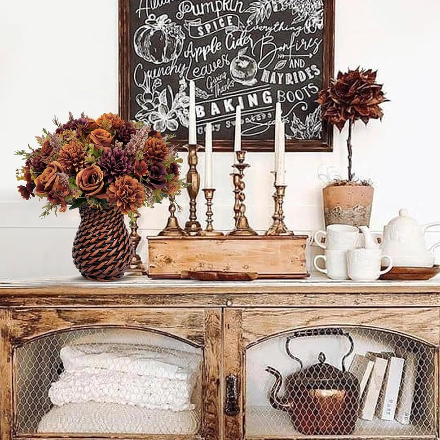 Fall Vase with Artificial Flower – 12.5" Silk Orange Roses for Home Table, Desktop, Fireplace Decor - Image 3