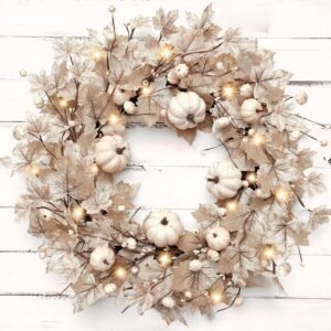 26" Lighted Fall Wreath with Pumpkins & Maple Leaves – Thanksgiving Front Door Harvest Decor