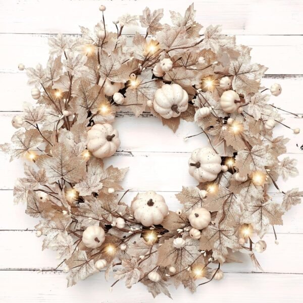 26" Lighted Fall Wreath with Pumpkins & Maple Leaves – Thanksgiving Front Door Harvest Decor
