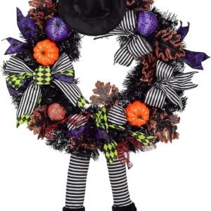 25" Halloween Witch Wreath – Front Door Decor with Hanging Witch Legs, Handmade Black Design