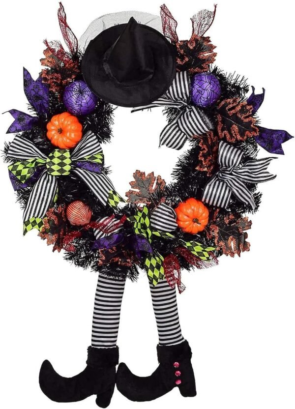 25" Halloween Witch Wreath – Front Door Decor with Hanging Witch Legs, Handmade Black Design