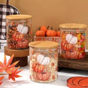 3Pcs Fall Glass Storage Jars 17oz with Bamboo Lids – Thanksgiving Pumpkin & Leaf Canisters